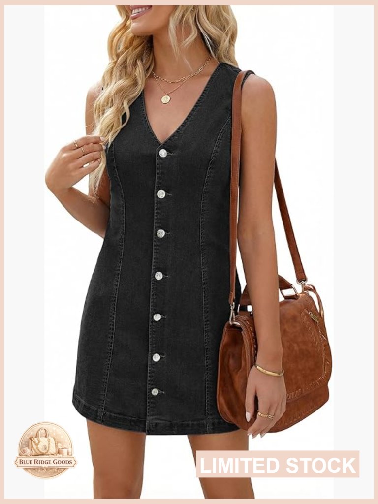 Sleeveless Denim Mini Dress Relaxed Fit V-Neck Button Front Casual Summer